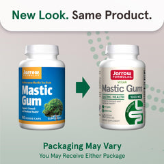 Jarrow Formulas Mastic Gum 1000mg showing old and new bottle packaging comparison for 60 veggie caps