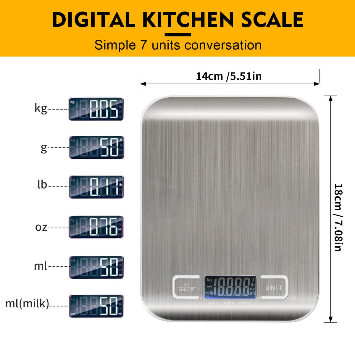 Kitchen Scale, Multifunction Digital Food Scale for Baking, Cooking and Dieting, Kitchen Scale With LCD Display Stainless Steel Platform, Ultra Slim,Tare Function