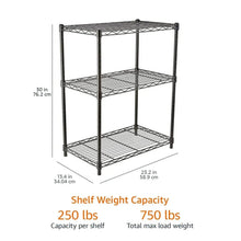 Black wire storage rack with three shelves and adjustable height posts
