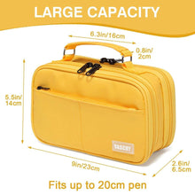 Yellow large pencil case with handle and zippered compartments, front view