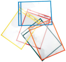 Set of clear document pockets with colorful frames, metal grommet holes visible