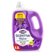 Purple Clorox Scentiva disinfectant floor cleaner bottle with lavender scent, 4.5 L