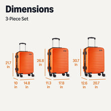 Orange hardside spinner luggage set showing three telescoping handles and wheeled sizes