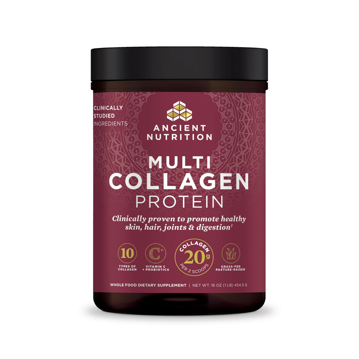 Ancient Nutrition multi collagen protein powder jar burgundy label 20g collagen per scoop for skin hair joint support