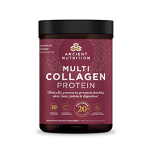 Multi Collagen Protein powder tub, maroon label with black lid.