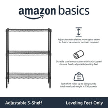 Black adjustable 3-shelf wire storage rack with leveling feet