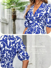 Blue and white floral print maxi dress with V-neck and short puff sleeves