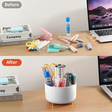 White ribbed pencil organizer on desk with multiple pens and markers in holders