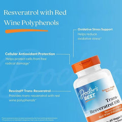 Trans-Resveratrol bottle with orange cap, red wine polyphenols label text