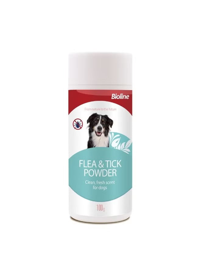 Bioline flea & tick powder for dogs bottle, 100g, white container with teal label