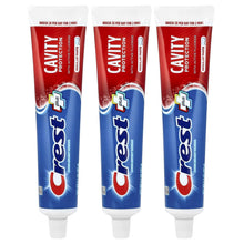Crest cavity protection fluoride toothpaste tubes, 3-pack, red and blue squeeze tubes