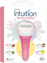 Women’s Schick Intuition razor handle with cartridge and protective cover, pink and white