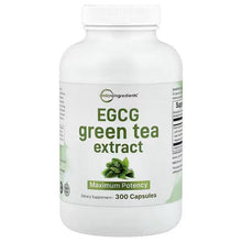 EGCG green tea extract supplement bottle, 300 capsules with green leaf label