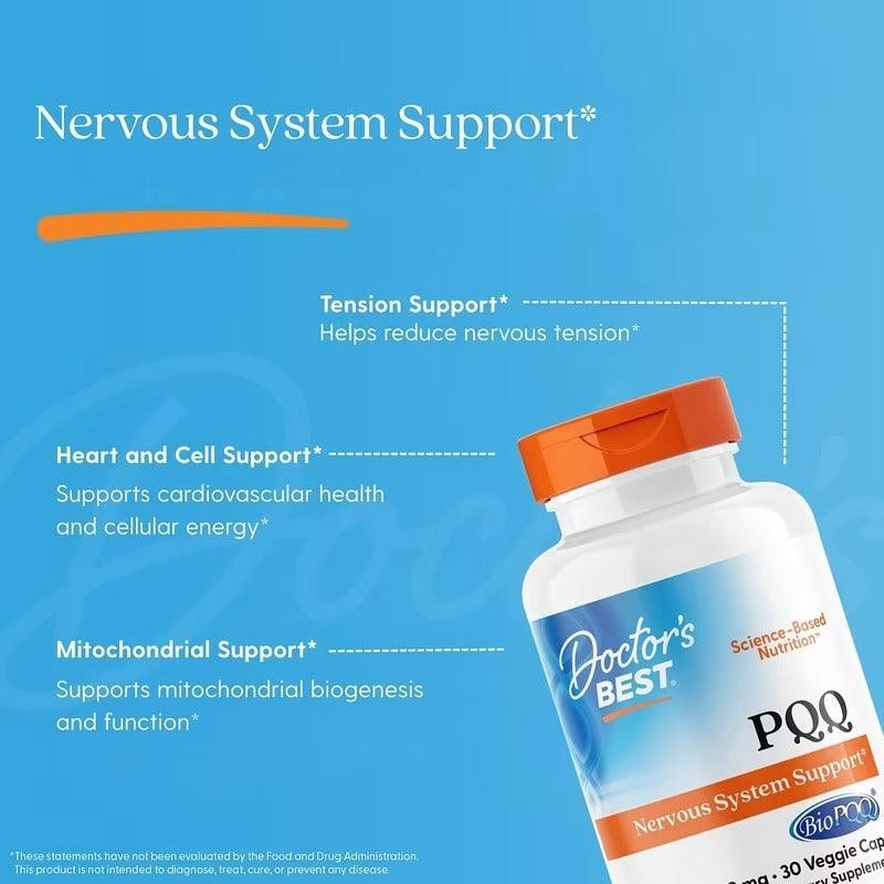 PQQ supplement bottle with orange cap, blue label for nervous system support, 30 veggie caps