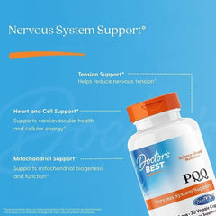 PQQ supplement bottle with orange cap, blue label for nervous system support, 30 veggie caps