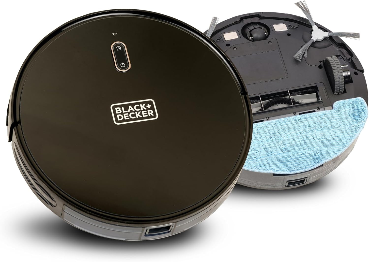 BLACK+DECKER robotic vacuum and mop, black round robot with blue mop pad