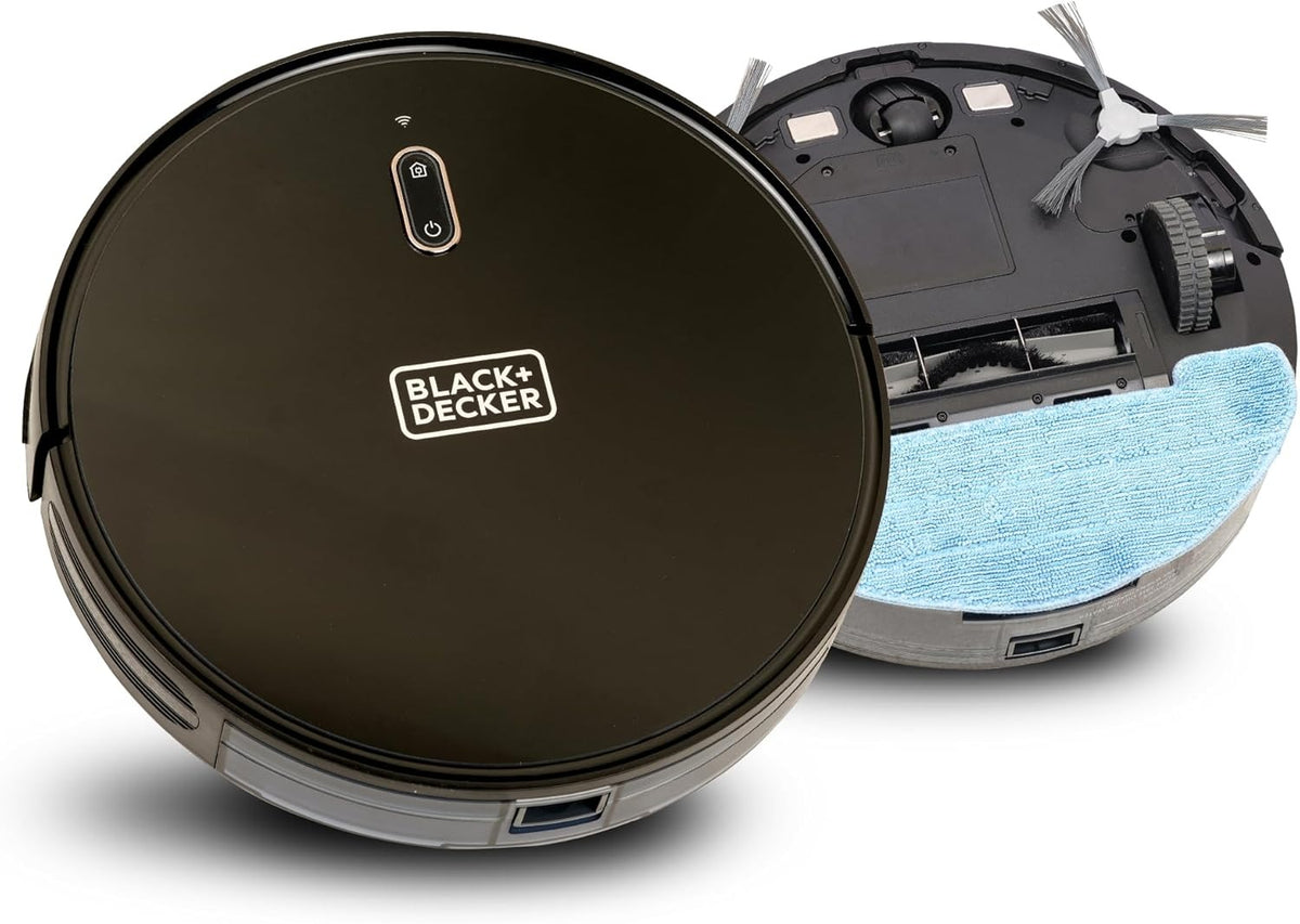 BLACK+DECKER robotic vacuum and mop, black round robot with blue mop pad