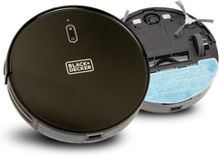 BLACK+DECKER robotic vacuum and mop, black round robot with blue mop pad
