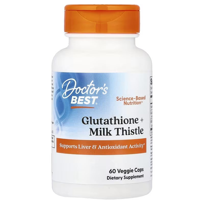 Glutathione + Milk Thistle supplement bottle with orange cap, 60 veggie caps