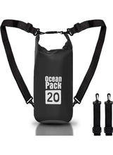 Black waterproof PVC dry bag with double shoulder straps, drawstring top and Ocean Pack 20 logo