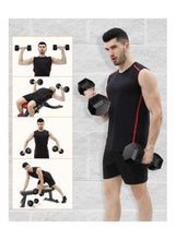 Black hex rubber dumbbells shown in workout poses, one in each hand