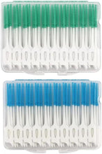 Disposable interdental floss picks with soft rubber brushes; green and blue trays in case