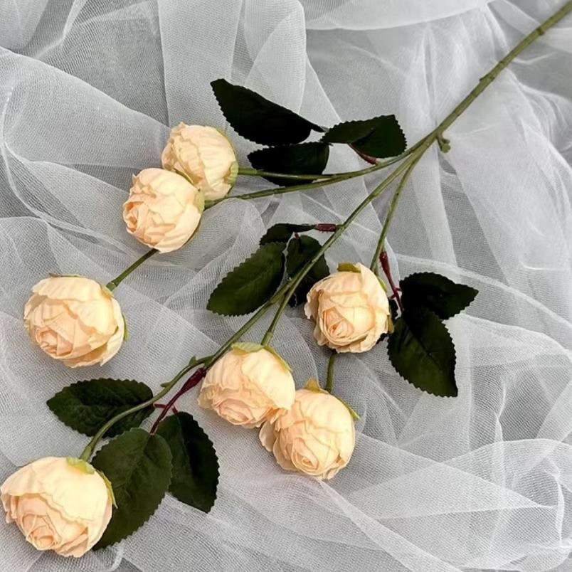 7 Blossoms Lifelike Artificial Roses in Champagne – Perfect Home Decor