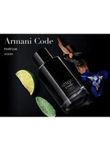 Refillable Armani Code parfum bottle with black cap, silver badge, and label