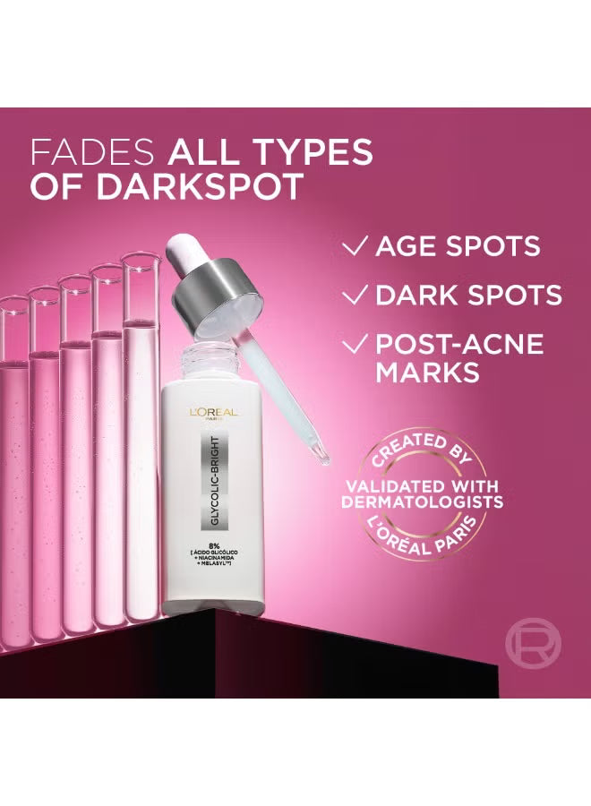 L'Oréal Paris Glycolic Bright 8% Face Serum with Melasyl™, Glycolic Acid & Niacinamide for Dark Spots & Brightening 15ml - Mumzar