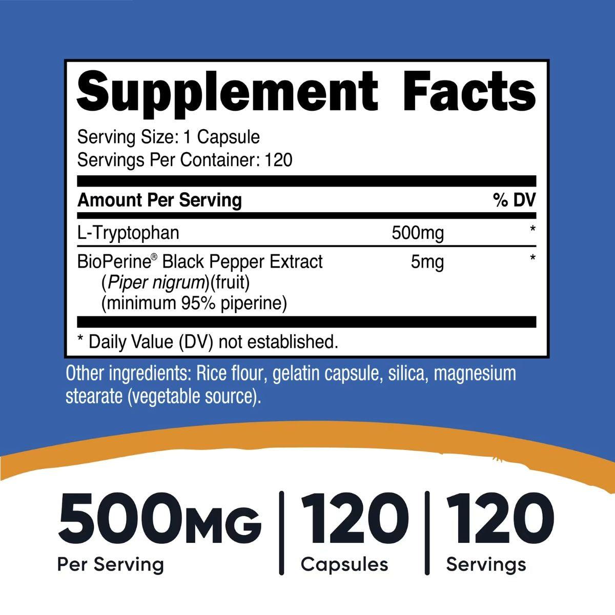 Nutricost L-Tryptophan 500 mg Supplement Facts close-up, 120 capsules/servings