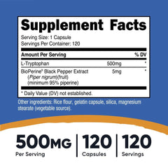 Nutricost L-Tryptophan 500 mg Supplement Facts close-up, 120 capsules/servings