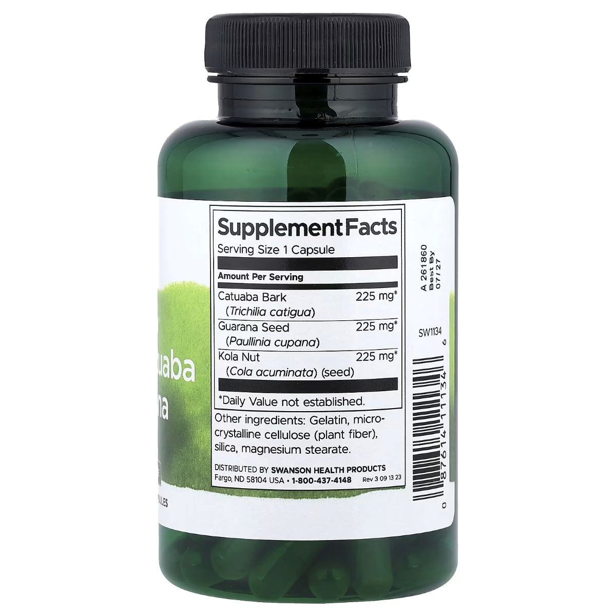 Herbal supplement bottle back label with Supplement Facts panel and barcode