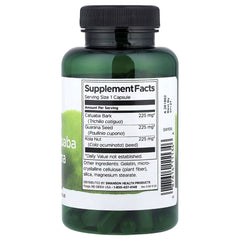 Herbal supplement bottle back label with Supplement Facts panel and barcode