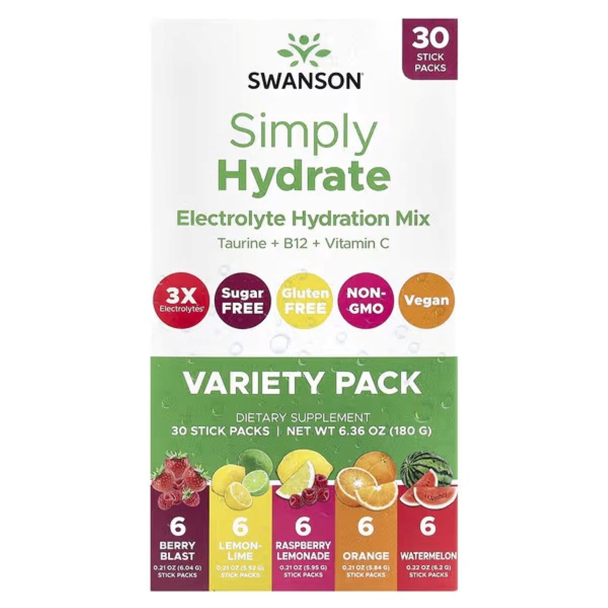 Swanson Vitamins Simply Hydrate Electrolyte Hydration Mix, Variety Pack, 30 Stick Packs, 6.36 oz (180 g)