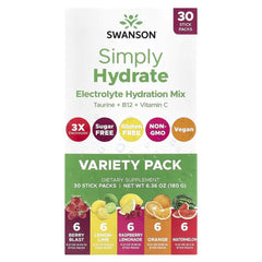 Swanson Vitamins Simply Hydrate Electrolyte Hydration Mix, Variety Pack, 30 Stick Packs, 6.36 oz (180 g)