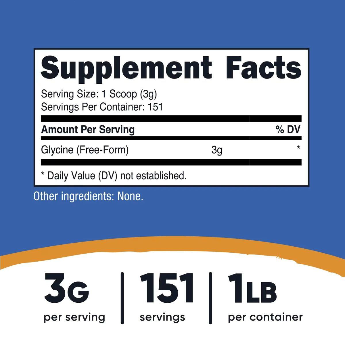 Supplement Facts label for glycine, 3g per serving, 151 servings