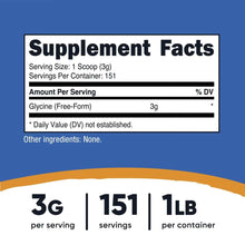 Supplement Facts label for glycine, 3g per serving, 151 servings