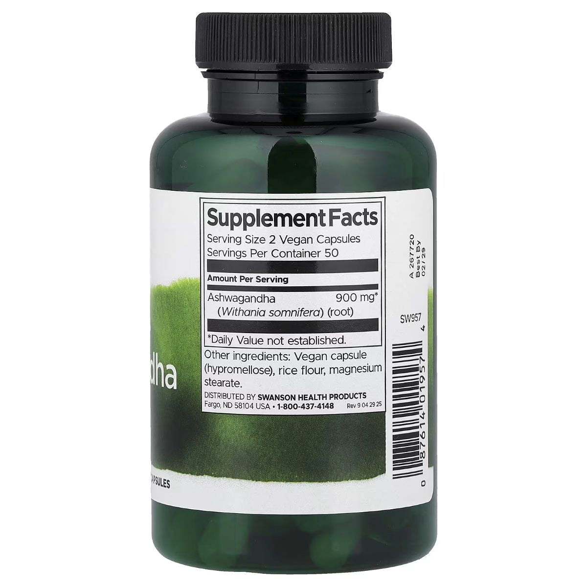 Ashwagandha supplement bottle back label with Supplement Facts and barcode