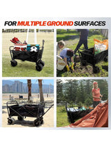 Folding camping wagon cart with open black bin and four-wheel base for outdoor use