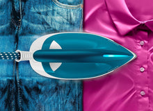 Philips teal and white steam generator iron with steam nozzle, close-up