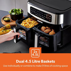 Geepas 9L Dual Basket Air Fryer with Vortex – Family-Sized 10-in-1 Digital Convection Air Fryer with LED Touchscreen, 60 Minutes Timer & Non-Stick Baskets – Oil Free Toaster Oven | 2 Years Warranty