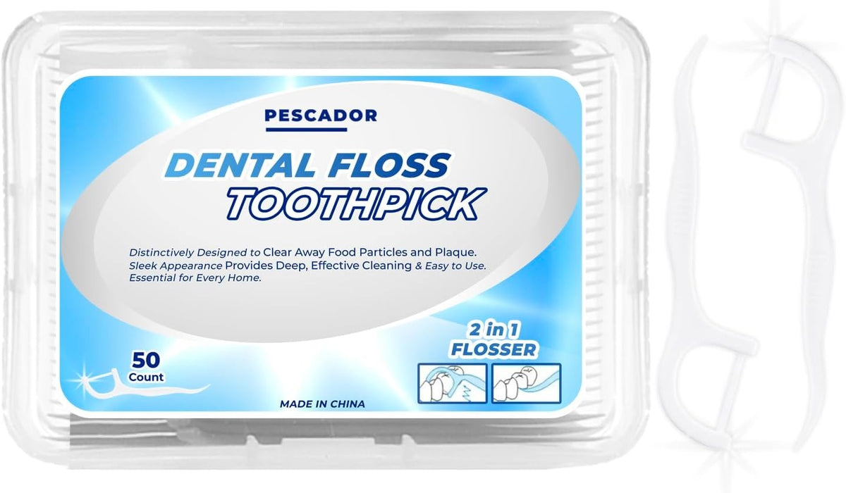 PESCADOR Dental Floss Teeth Plastic Flosser Toothpicks Stick Oral Care Cleaning Tool Tooth Flossers for Plaque Removal and Oral Hygiene, Compact and Convenient for Travel or Daily Use (50 COUNT)
