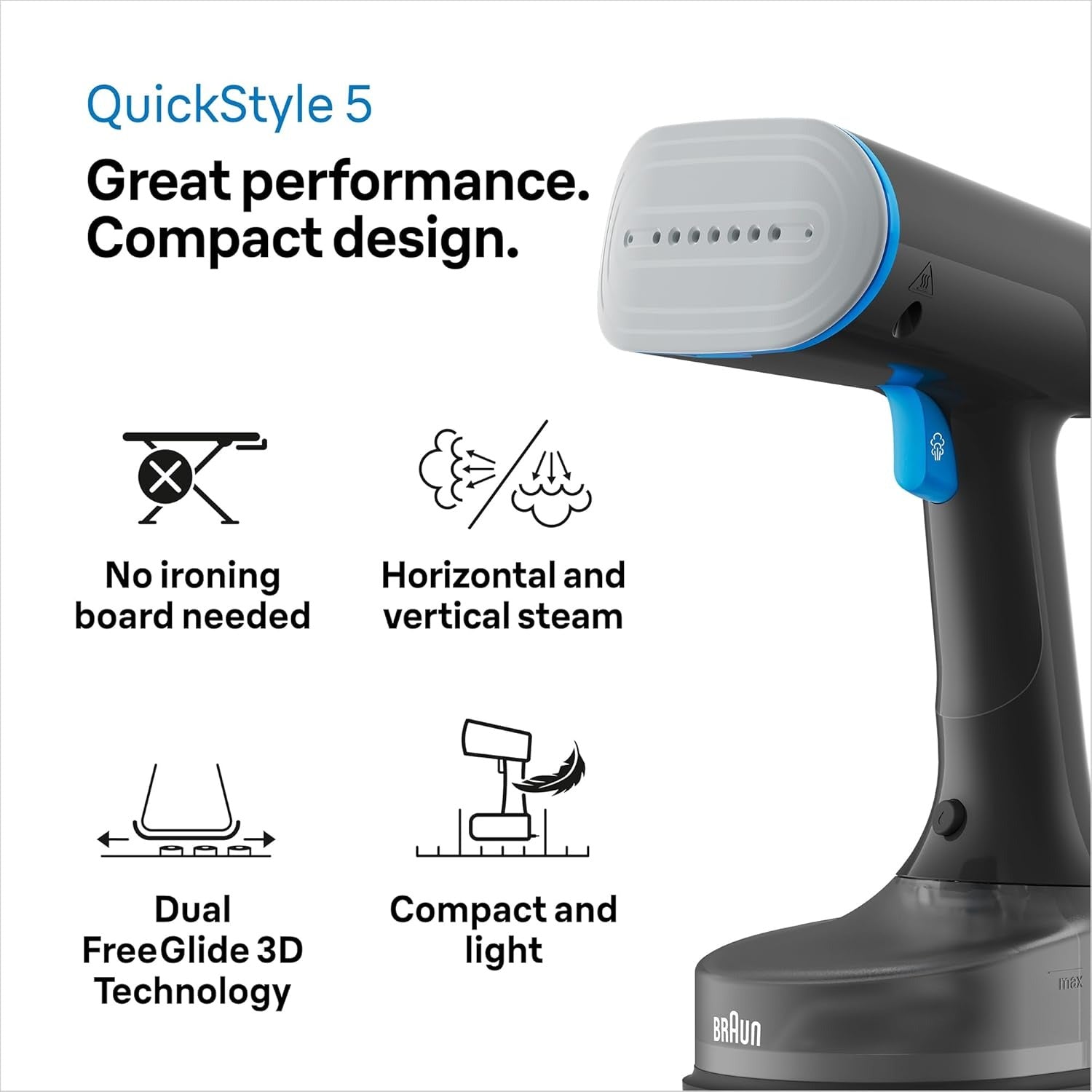 Braun QuickStyle 5 compact steamer with blue accents, vertical and horizontal steam