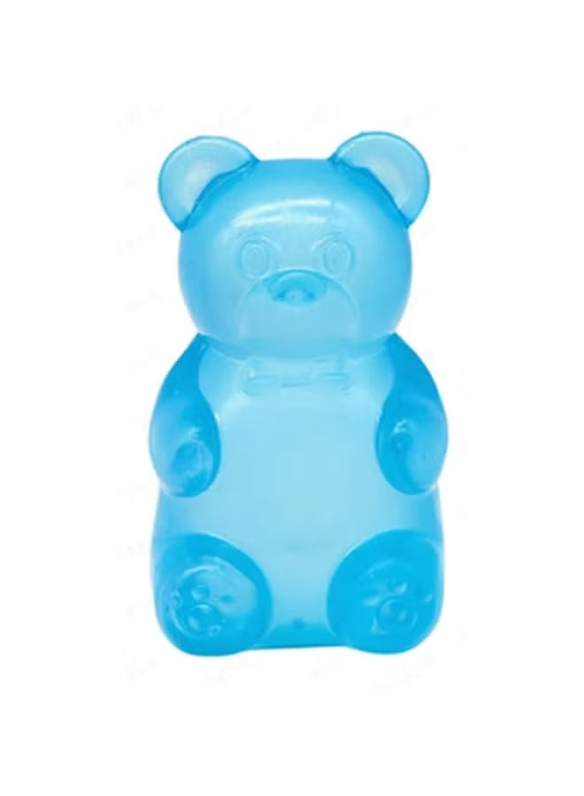 Blue gummy bear squishy stress toy, clear jelly texture, rounded bear shape.