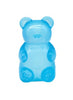 Blue gummy bear squishy stress toy, clear jelly texture, rounded bear shape.
