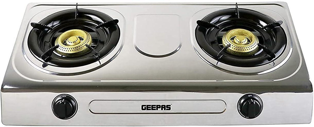 Stainless steel 2-burner gas cooker with two black burners and side control knobs
