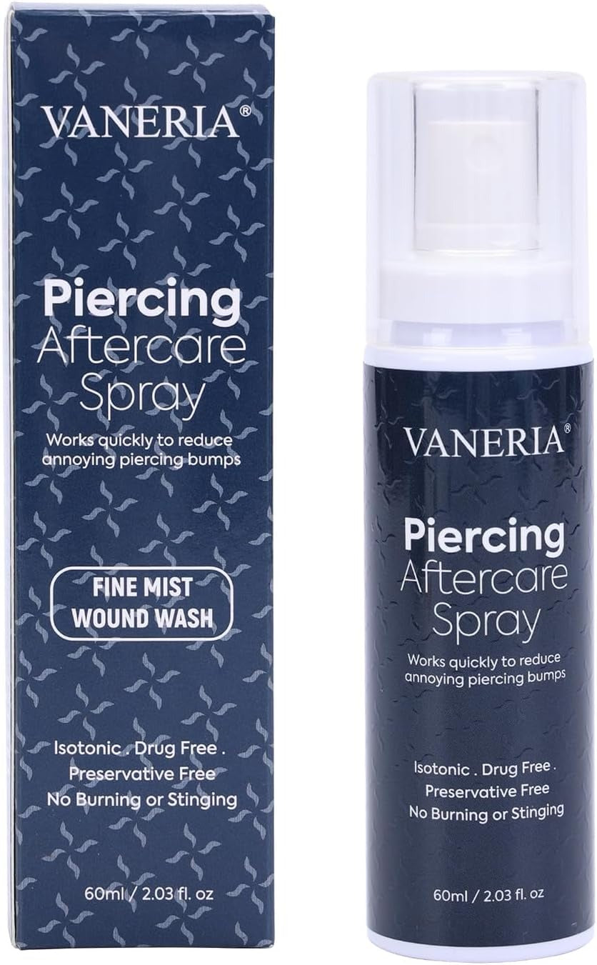 VANERIA Piercing Aftercare Spray bottle and box, fine-mist wound wash, 60 mL