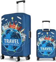 Blue spandex luggage cover with travel globe print, elastic fit for 18–32 in suitcases