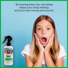 So Cozy Kids boo! lice scaring spray bottle with black trigger, beside child.