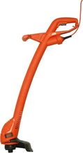 Orange electric garden string trimmer with safety guard and side handle